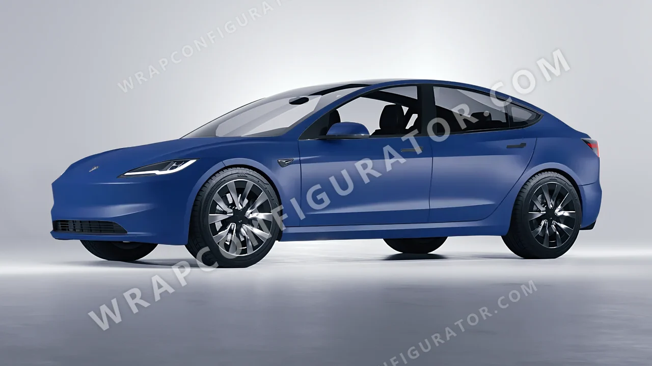 Blue Tesla Model 3 2024 wrapped in ORACAL Indigo Blue 970RA-544M