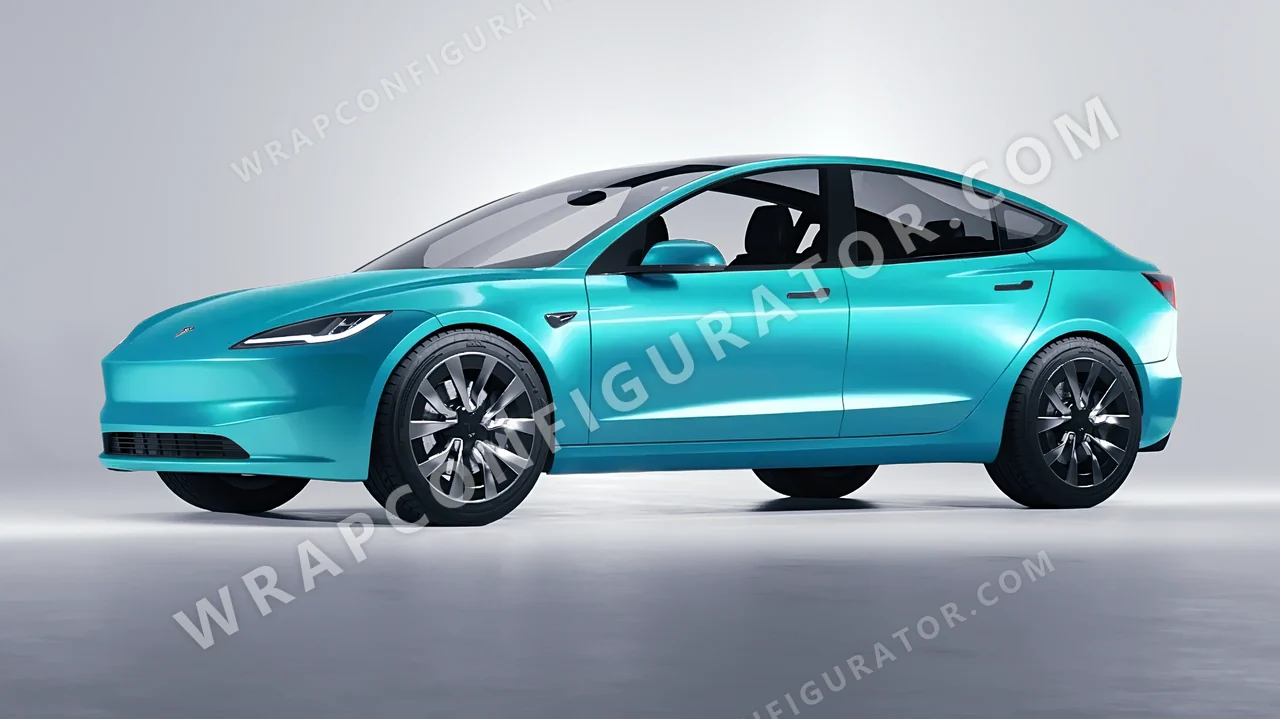 Blue Tesla Model 3 2024 wrapped in ORACAL Turbo Turquoise 970RA-172G