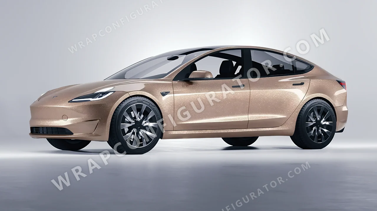 Brown Tesla Model 3 2024 wrapped in Avery Dennison Sand Sparkle SW900-255-M