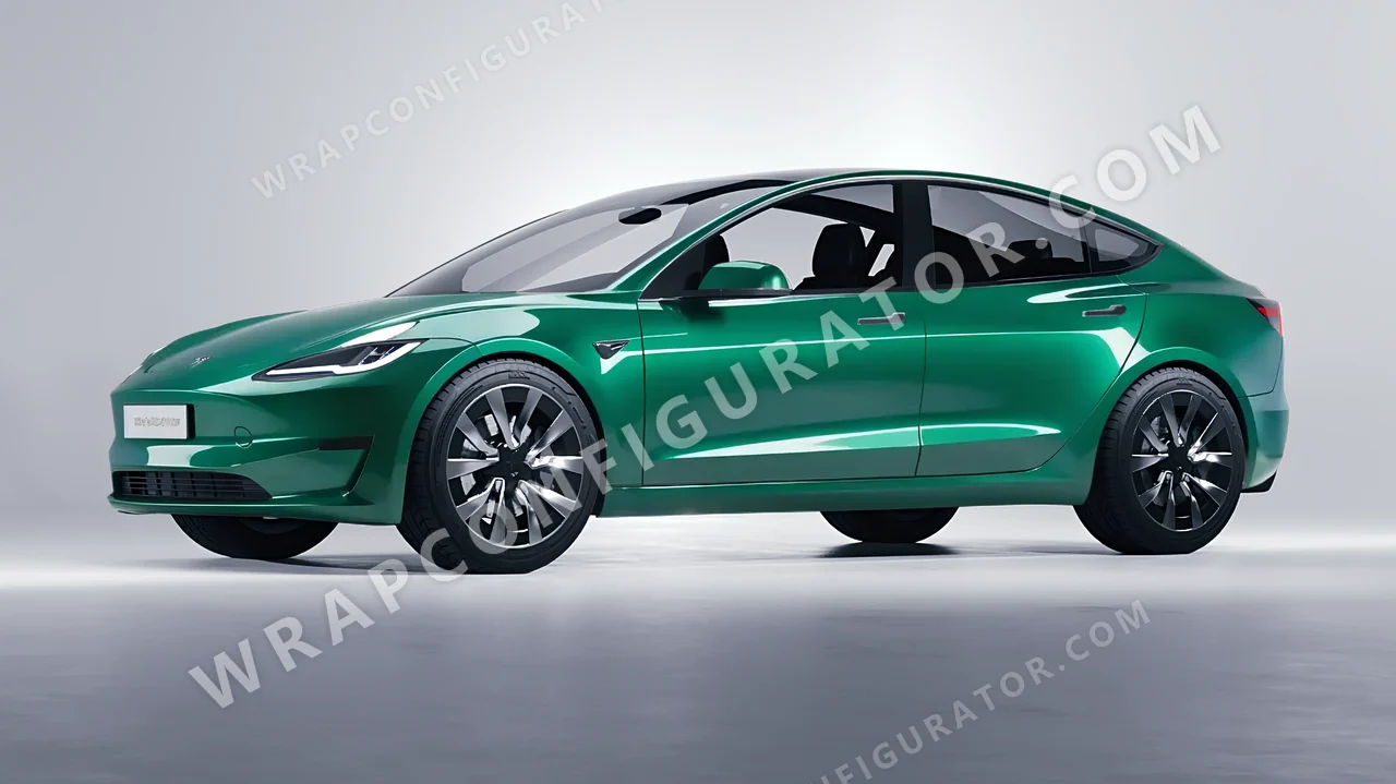 Green Tesla Model 3 2024 wrapped in 3M Gloss Green Envy G336