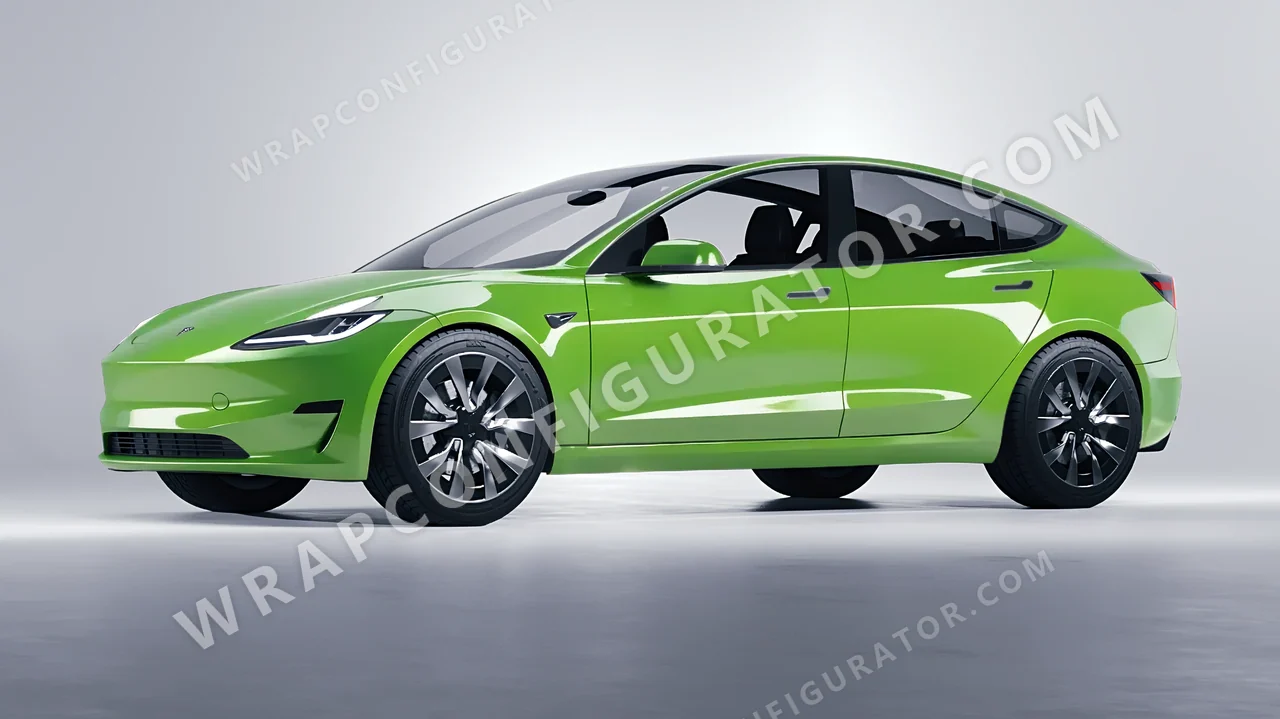 Green Tesla Model 3 2024 wrapped in 3M Gloss Light Green G16