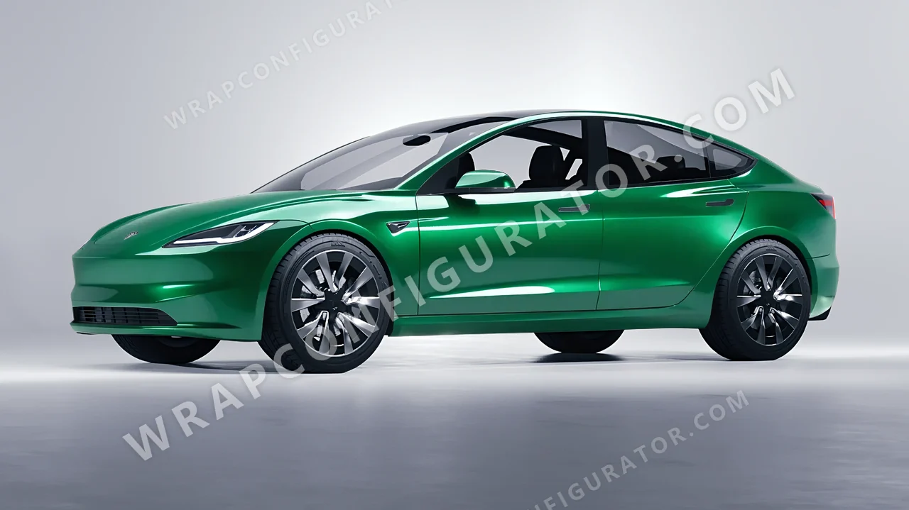 Green Tesla Model 3 2024 wrapped in 3M Green Envy HG336