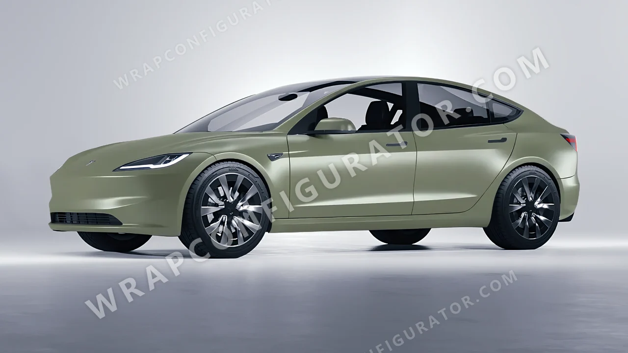 Green Tesla Model 3 2024 wrapped in 3M Komodo Green S56