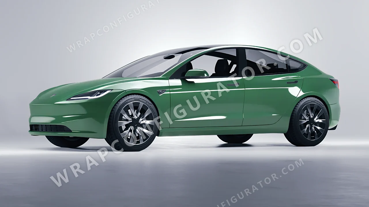 Green Tesla Model 3 2024 wrapped in 3M Mantis Green HG36
