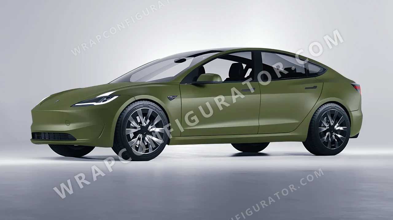 Green Tesla Model 3 2024 wrapped in 3M Matte Military Green M26