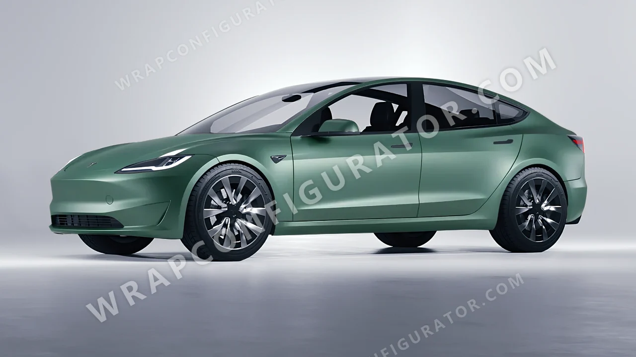 Green Tesla Model 3 2024 wrapped in 3M Matte Pine Green Metallic M206