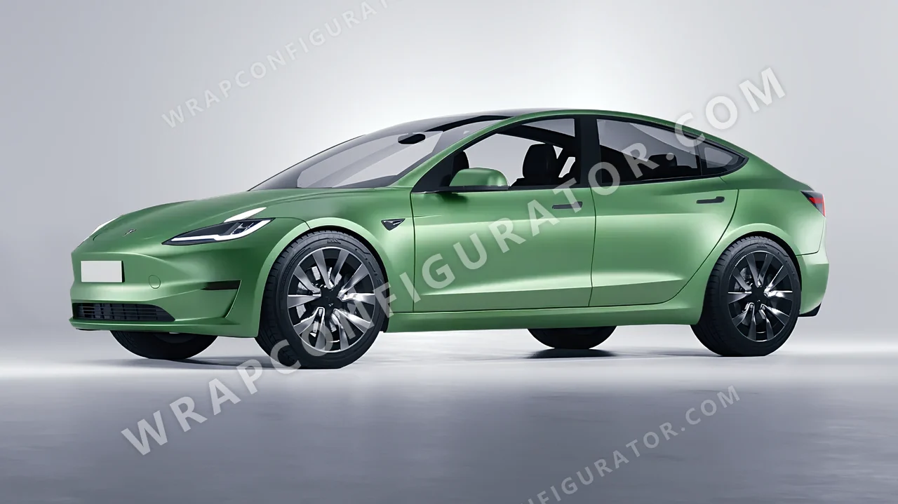 Green Tesla Model 3 2024 wrapped in 3M Satin Apple Green S196