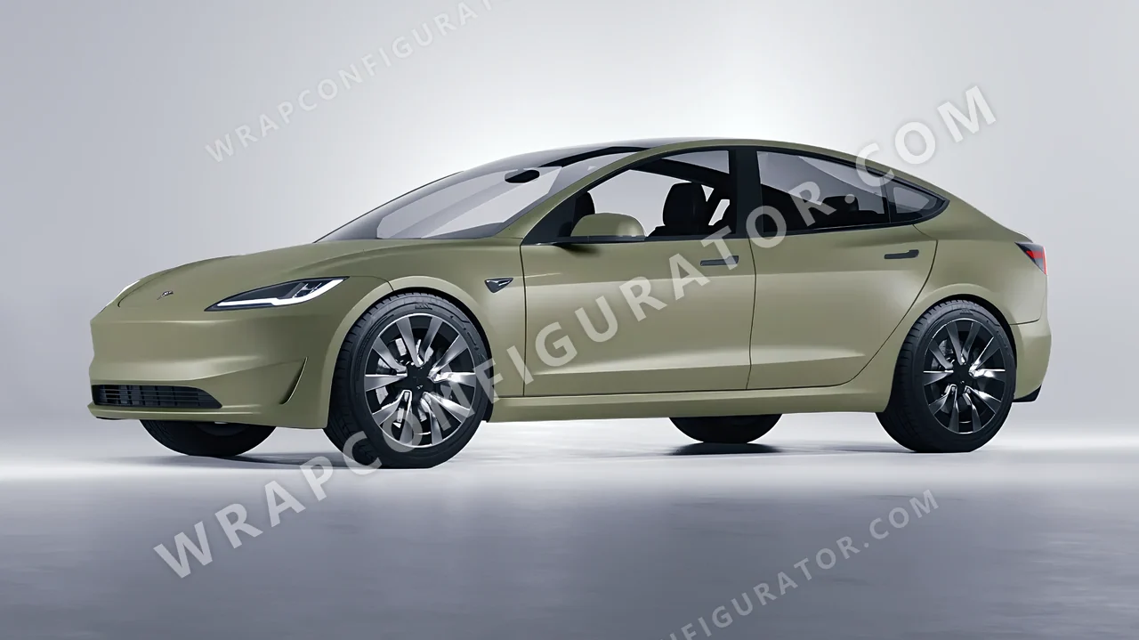 Green Tesla Model 3 2024 wrapped in Avery Dennison Khaki Green SW900-711-O