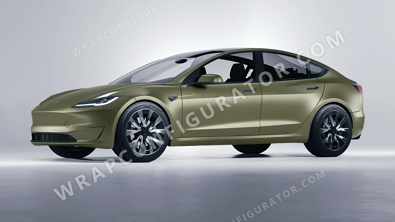 Green Tesla Model 3 2024 wrapped in Avery Dennison Khaki Green SW900-712-O