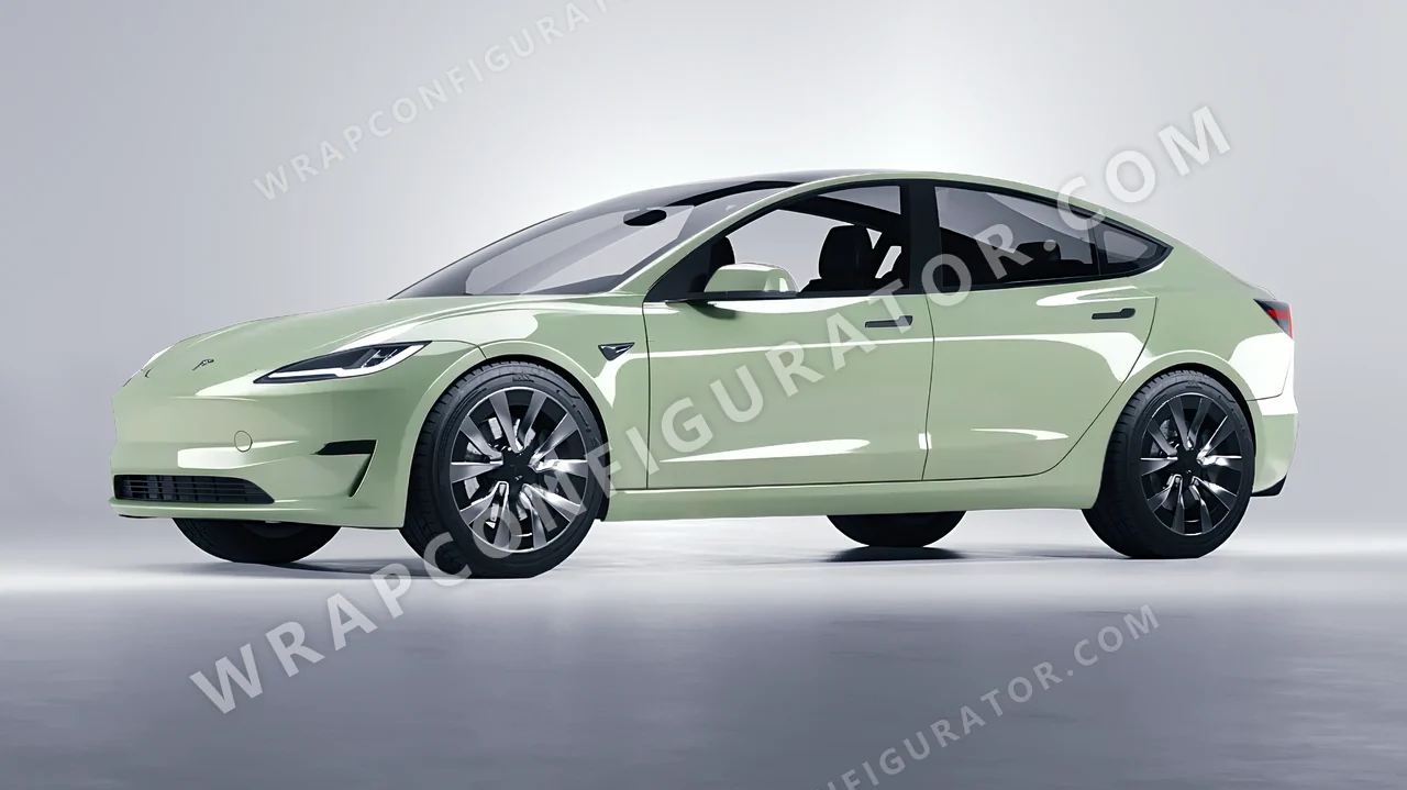 Green Tesla Model 3 2024 wrapped in Avery Dennison Light Pistachio SW900-728-O