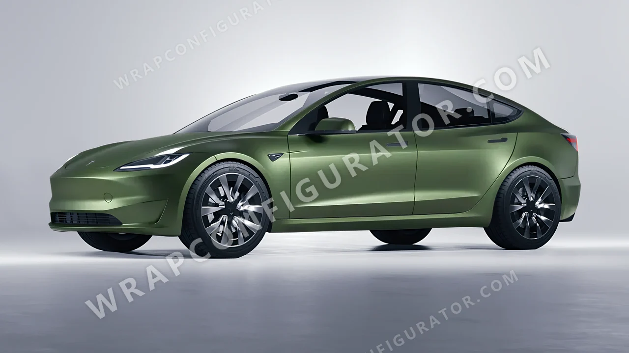 Green Tesla Model 3 2024 wrapped in Avery Dennison Moss Green SW900-737-M