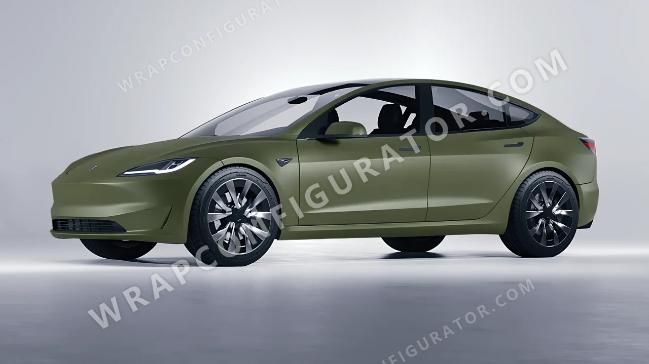 Green Tesla Model 3 2024 wrapped in Avery Dennison Olive Green SW900-732-O