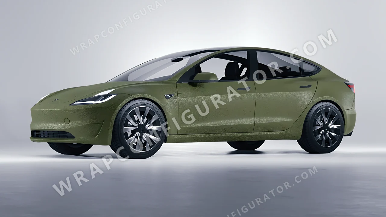 Green Tesla Model 3 2024 wrapped in Avery Dennison Rugged Combat Green SW900-718-X