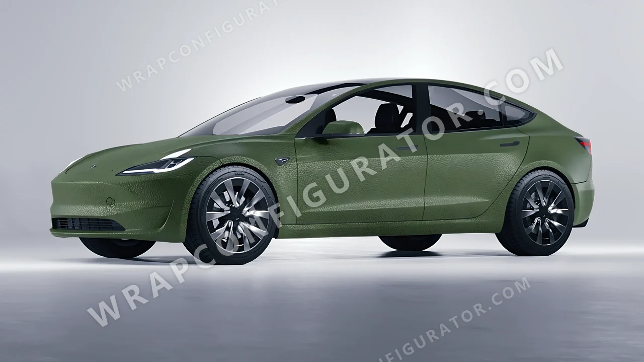 Green Tesla Model 3 2024 wrapped in Avery Dennison Rugged Marsh Green SW900-738-X
