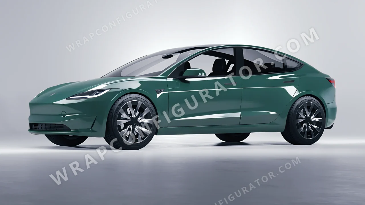 Green Tesla Model 3 2024 wrapped in Avery Dennison Smooth Sage SW900-729-O
