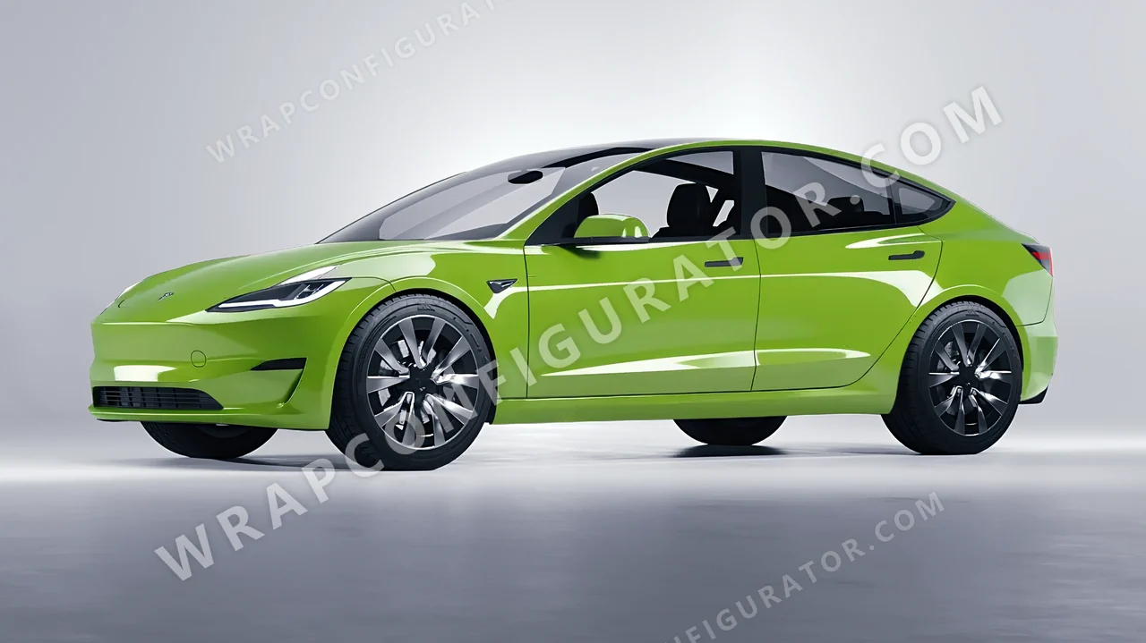 Green Tesla Model 3 2024 wrapped in Avery Dennison Tropical Vacation Green SW900-701-O