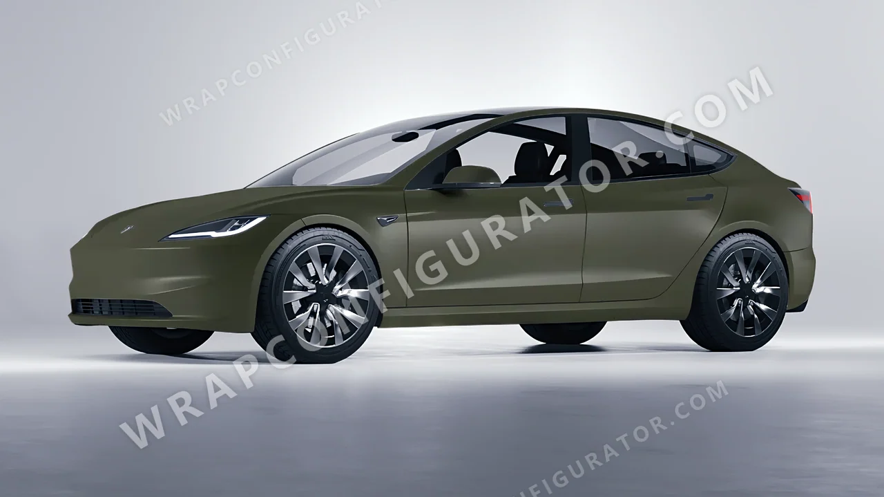 Green Tesla Model 3 2024 wrapped in Colourshield PPF by HyperPro Army Green SMF04-P