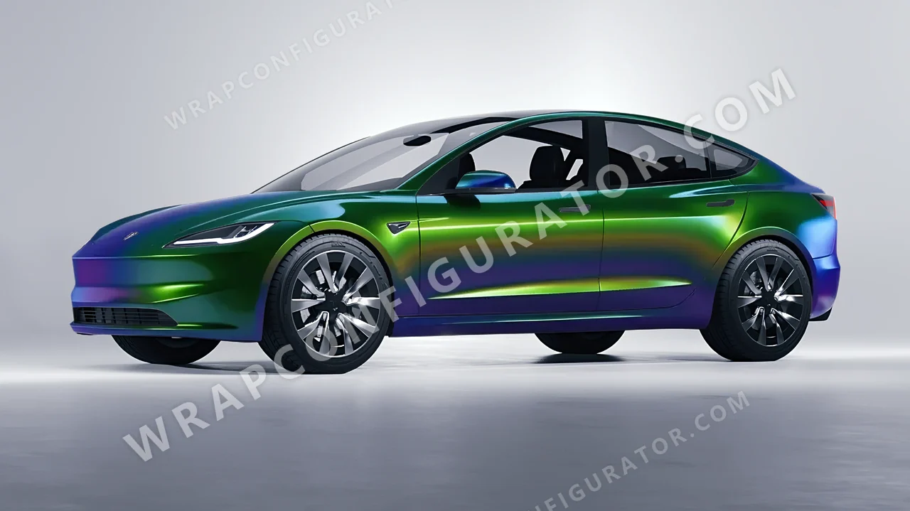 Green Tesla Model 3 2024 wrapped in Colourshield PPF by HyperPro Aurora Green GB01-P