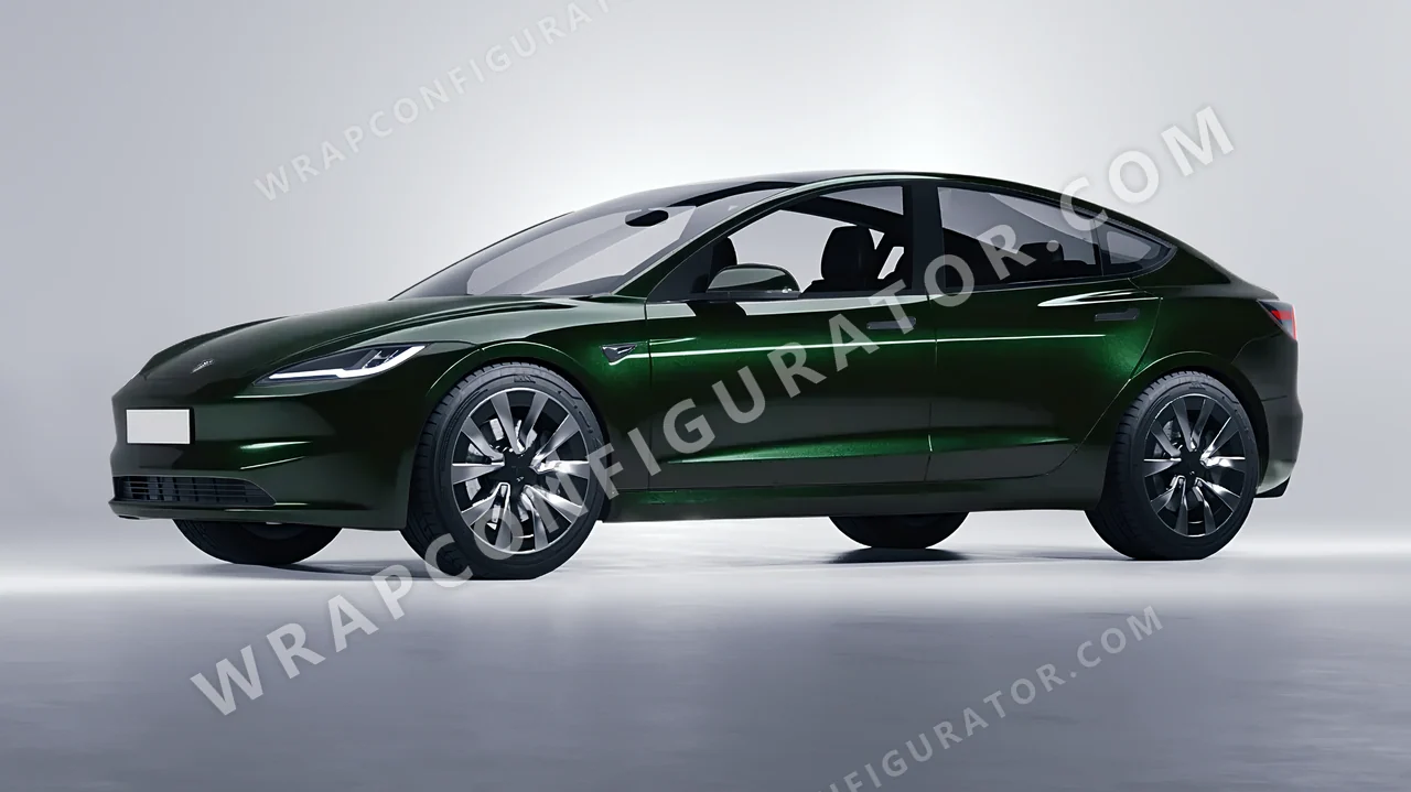 Green Tesla Model 3 2024 wrapped in Colourshield PPF by HyperPro Dark Emerald HGM43-P