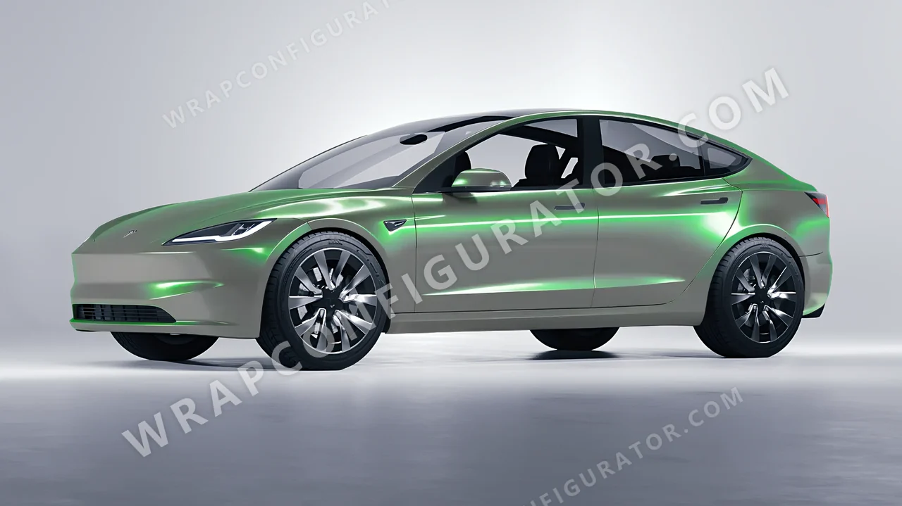 Green Tesla Model 3 2024 wrapped in Colourshield PPF by HyperPro Gray Green CGM10-P