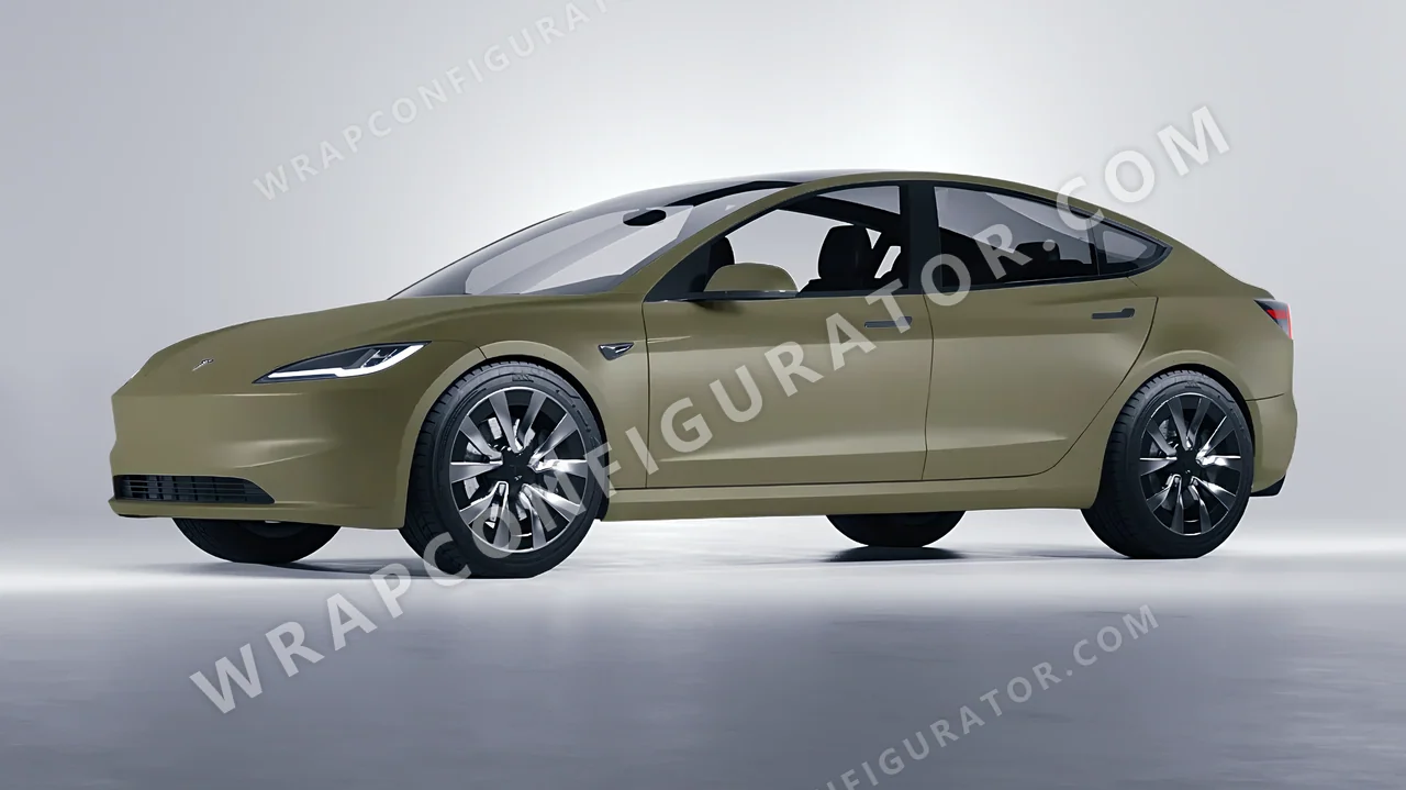 Green Tesla Model 3 2024 wrapped in Colourshield PPF by HyperPro Khaki Green SMF05-P