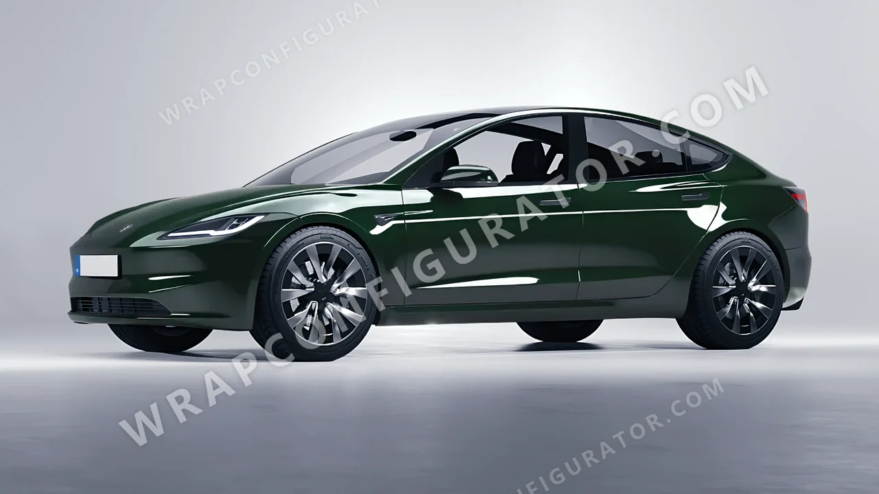 Green Tesla Model 3 2024 wrapped in Colourshield PPF by HyperPro Racing Green HGF84-P