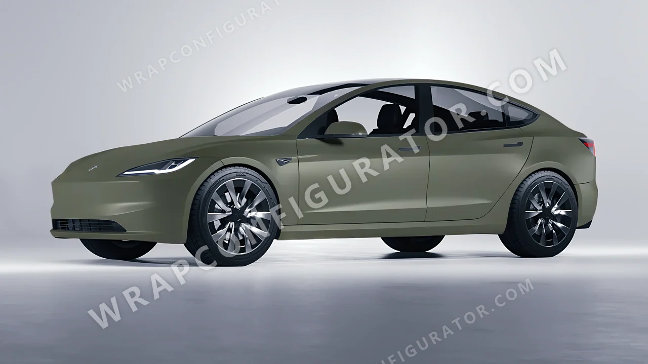 Green Tesla Model 3 2024 wrapped in Inozetek Dynamic PPF Army Green DPPF810