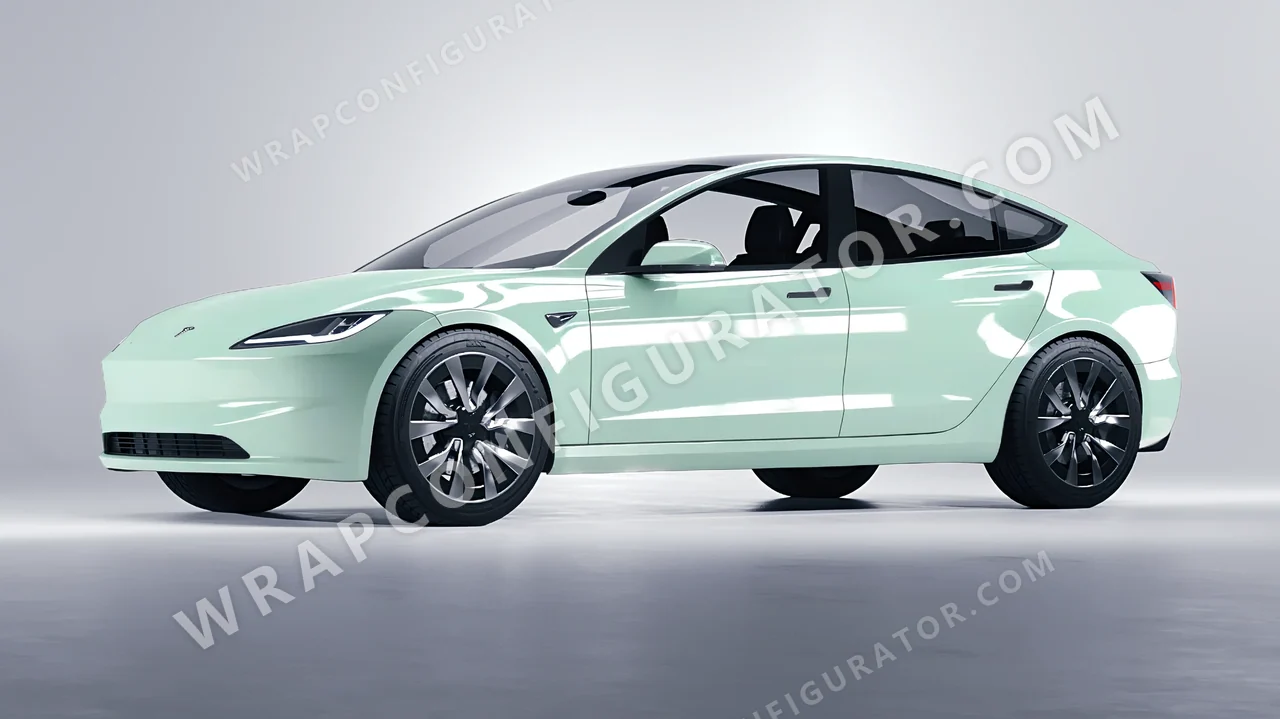 Green Tesla Model 3 2024 wrapped in Inozetek Dynamic PPF Light Mint DPPF934