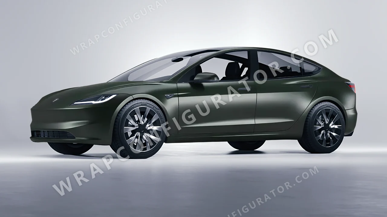 Green Tesla Model 3 2024 wrapped in Inozetek Dynamic PPF Midnight Moss DPPF804