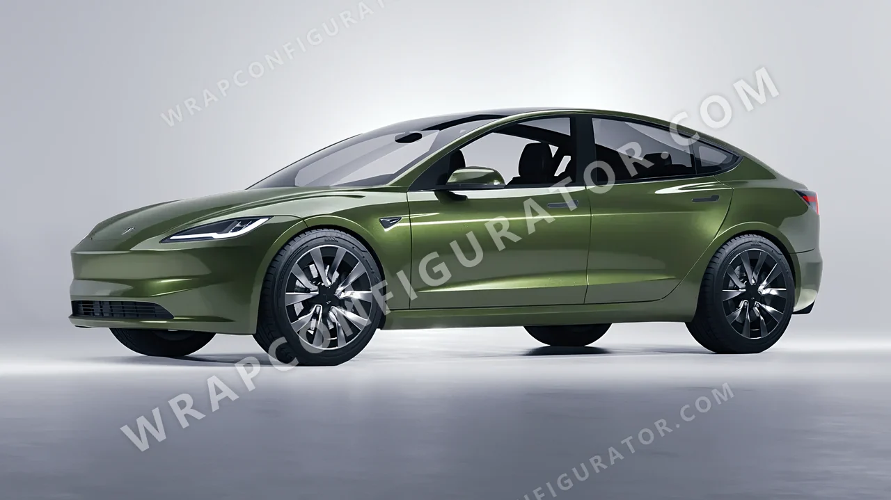 Green Tesla Model 3 2024 wrapped in Inozetek Dynamic PPF Olive DPPF931