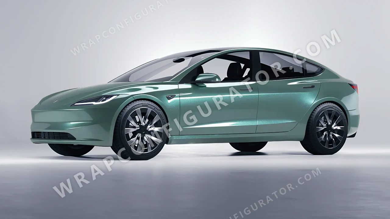 Green Tesla Model 3 2024 wrapped in Inozetek Dynamic PPF Sage Green DPPF710