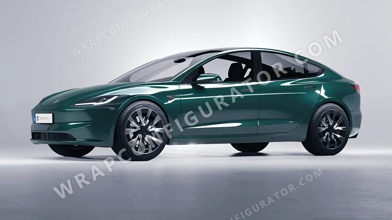 Green Tesla Model 3 2024 wrapped in Inozetek Dynamic PPF Shadow Green DPPF706