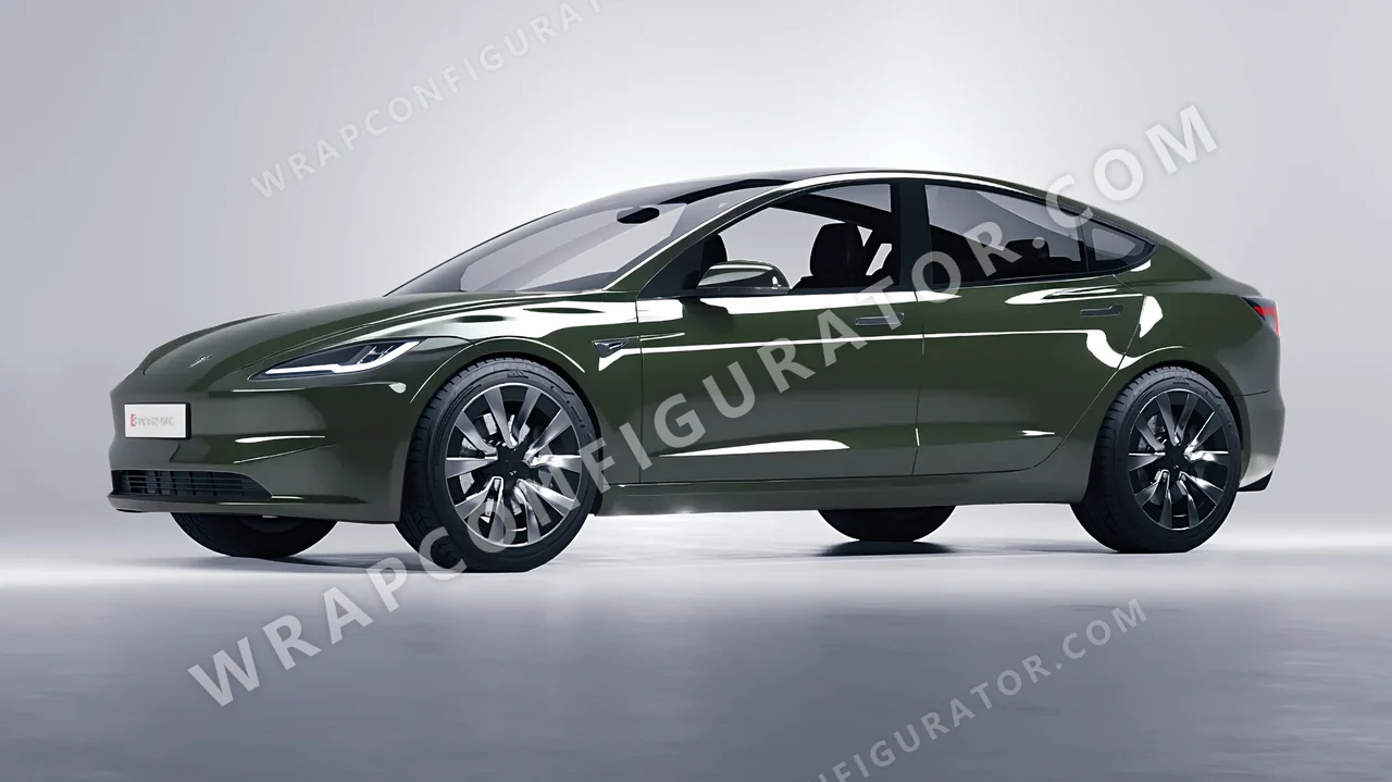 Green Tesla Model 3 2024 wrapped in Inozetek Dynamic PPF Student Driver Olive SD103