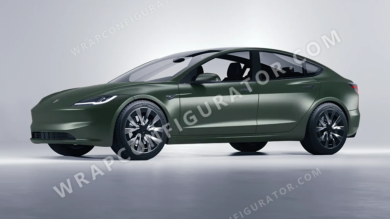 Green Tesla Model 3 2024 wrapped in Inozetek Dynamic PPF Urban British Green URBN101