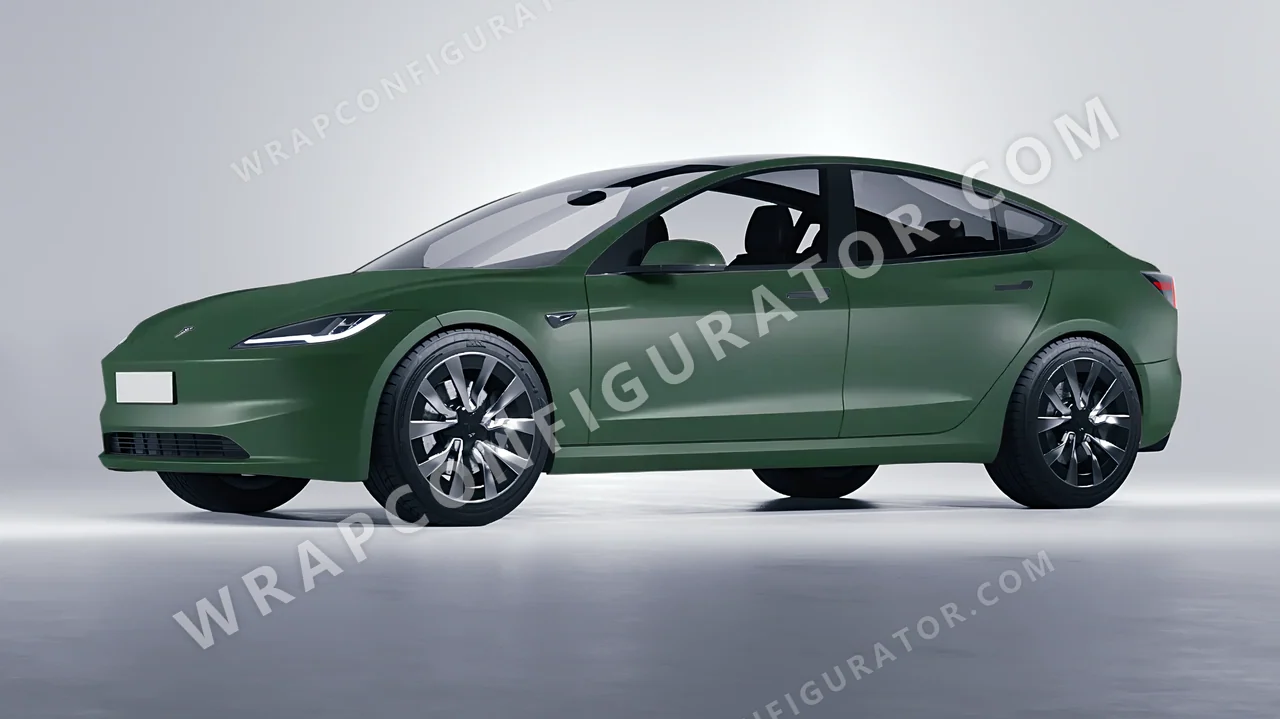 Green Tesla Model 3 2024 wrapped in KPMF Absolute Matt Forest Green K75806