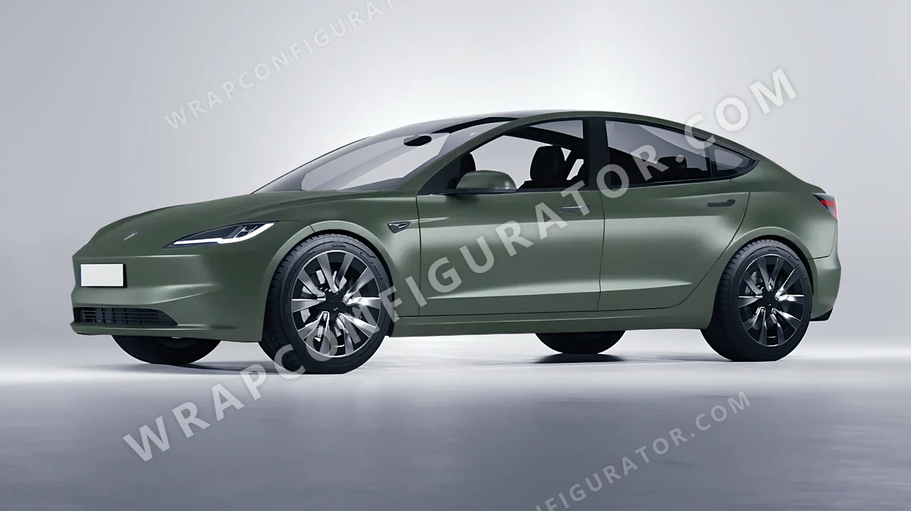 Green Tesla Model 3 2024 wrapped in KPMF Matt Platinum Dark Sage K75560