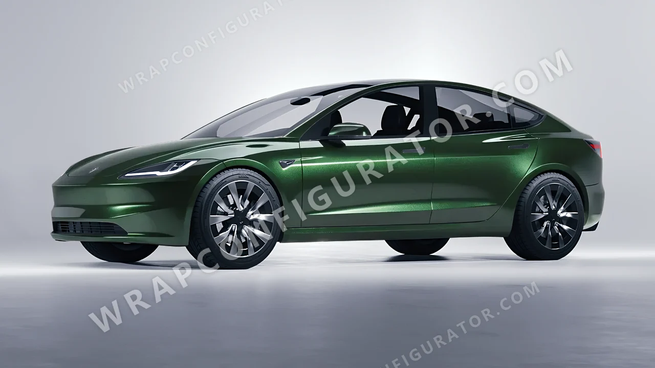Green Tesla Model 3 2024 wrapped in ORACAL Fir Green 970RA-677G