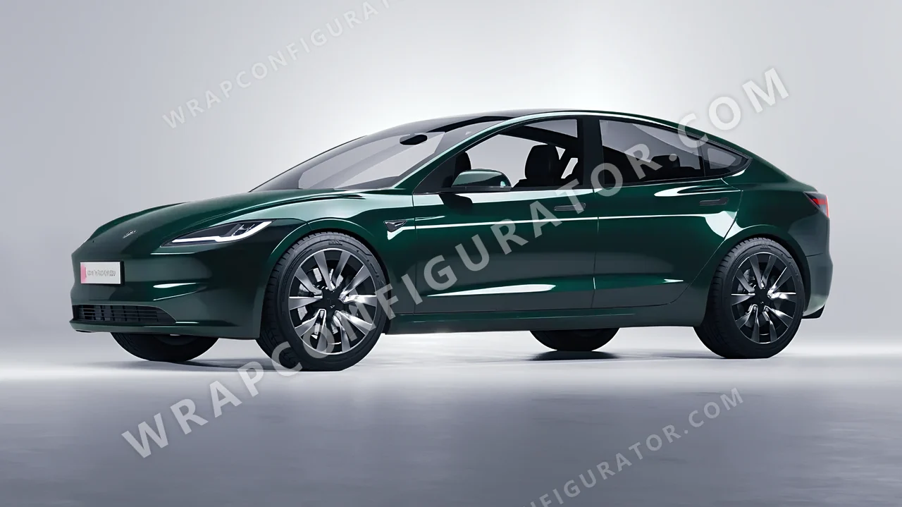 Green Tesla Model 3 2024 wrapped in ORACAL Fir Tree Green 970RA-622G