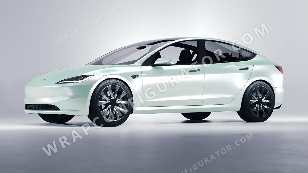 Green Tesla Model 3 2024 wrapped in ORACAL Pearl Green 970RA-992G