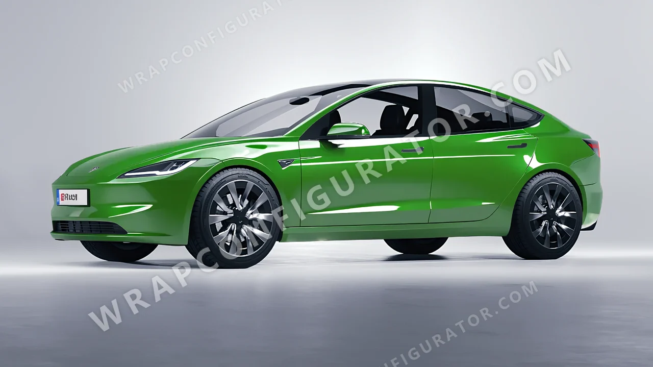 Green Tesla Model 3 2024 wrapped in ORACAL Tree Green 970RA-486G