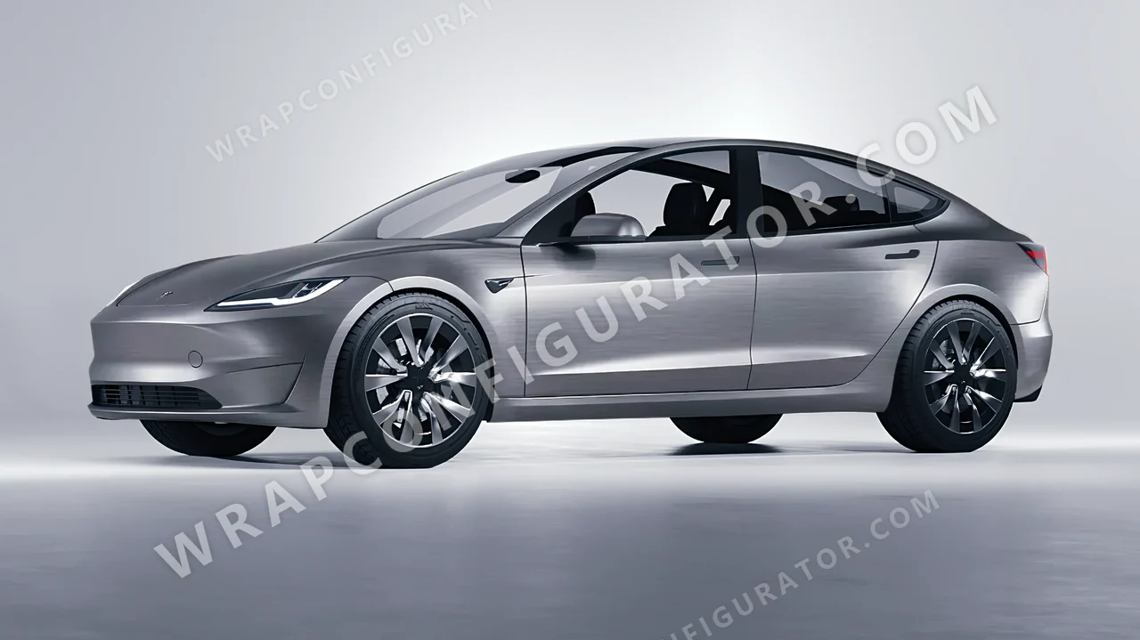 Grey Tesla Model 3 2024 wrapped in 3M Brushed Steel BR201