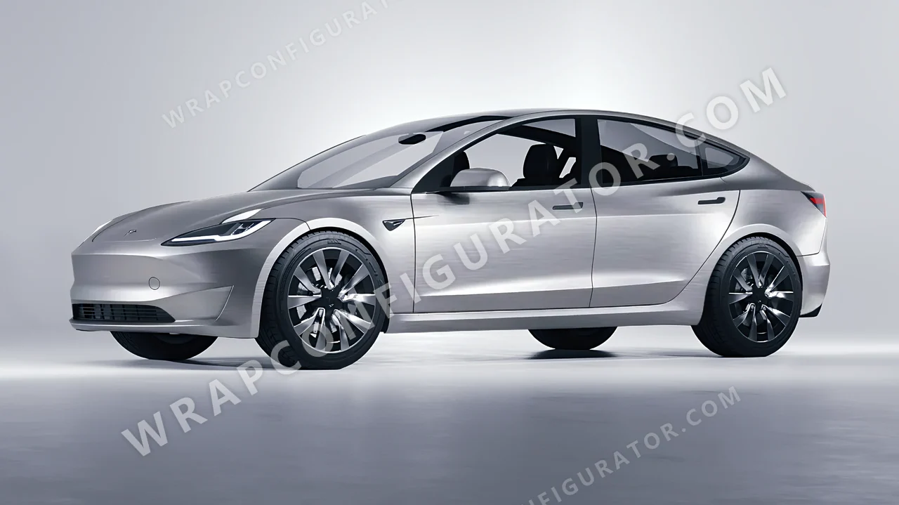 Grey Tesla Model 3 2024 wrapped in 3M Brushed Titanium BR230