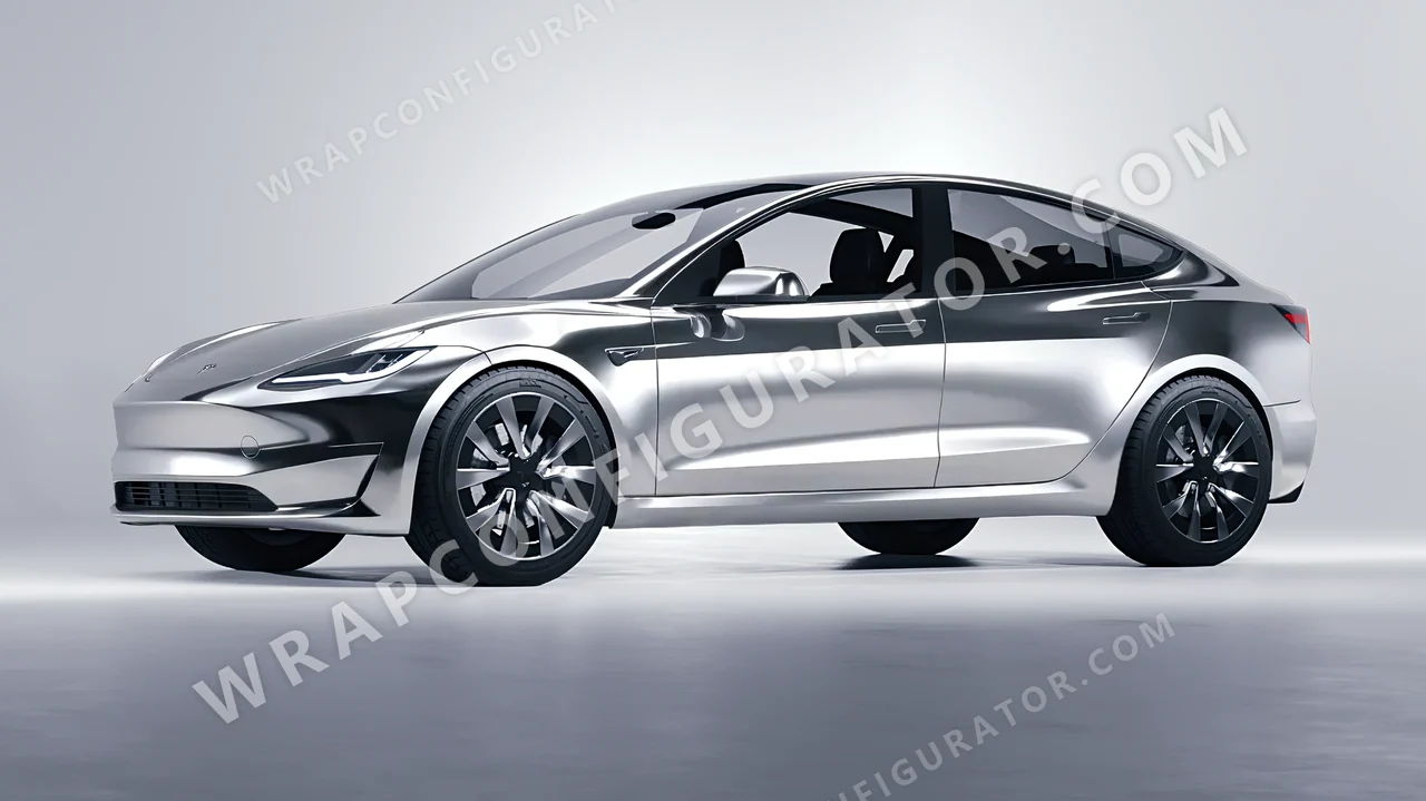 Grey Tesla Model 3 2024 wrapped in 3M Gloss Silver Chrome GC451
