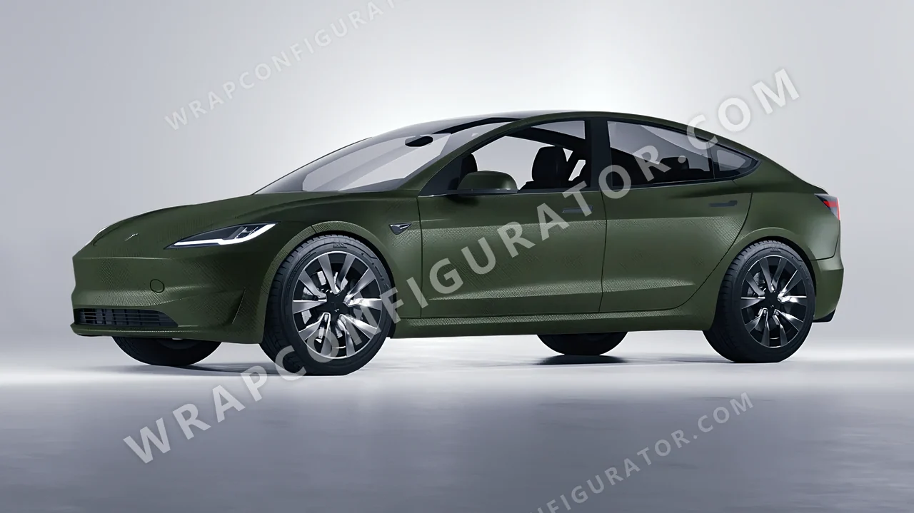 Grey Tesla Model 3 2024 wrapped in 3M Shadow Military Green SB26