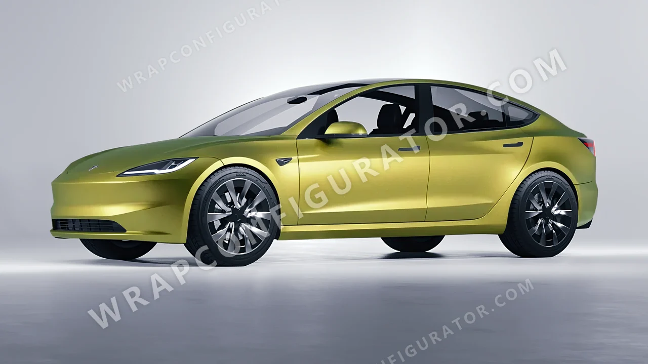 Grey Tesla Model 3 2024 wrapped in KPMF Matt Iced Yellow Titanium K75534