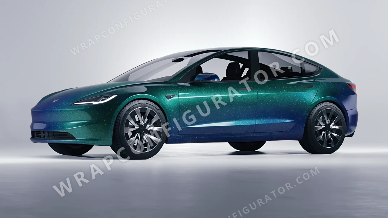 Grey Tesla Model 3 2024 wrapped in ORACAL Thunderous Blue Green 970RA-851G