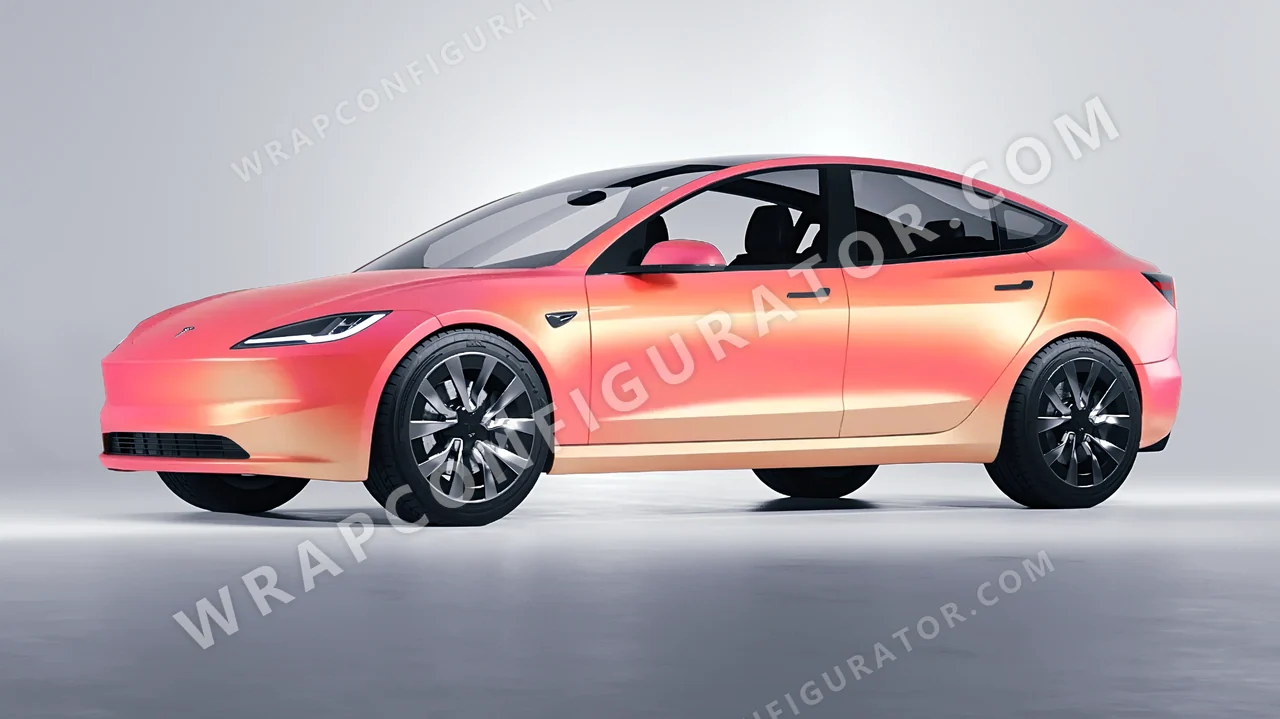Orange Tesla Model 3 2024 wrapped in 3M Electric Coral SP213