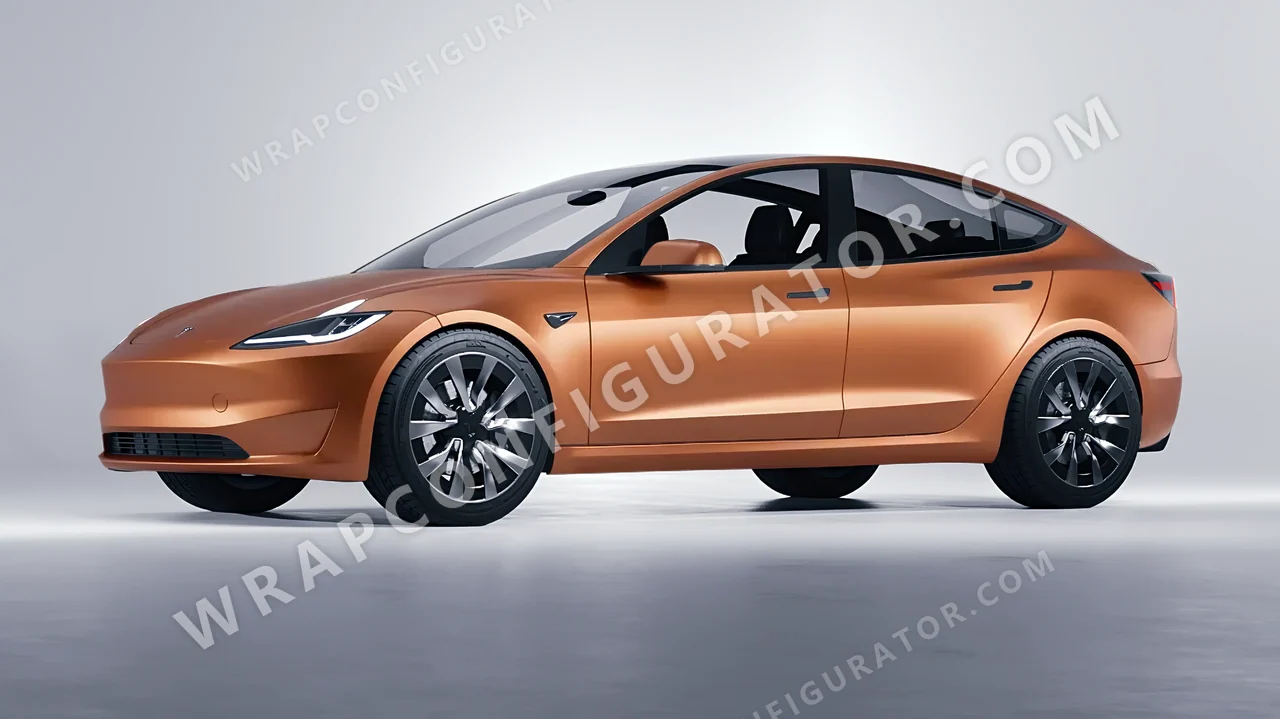 Orange Tesla Model 3 2024 wrapped in 3M Satin Canyon Copper S344