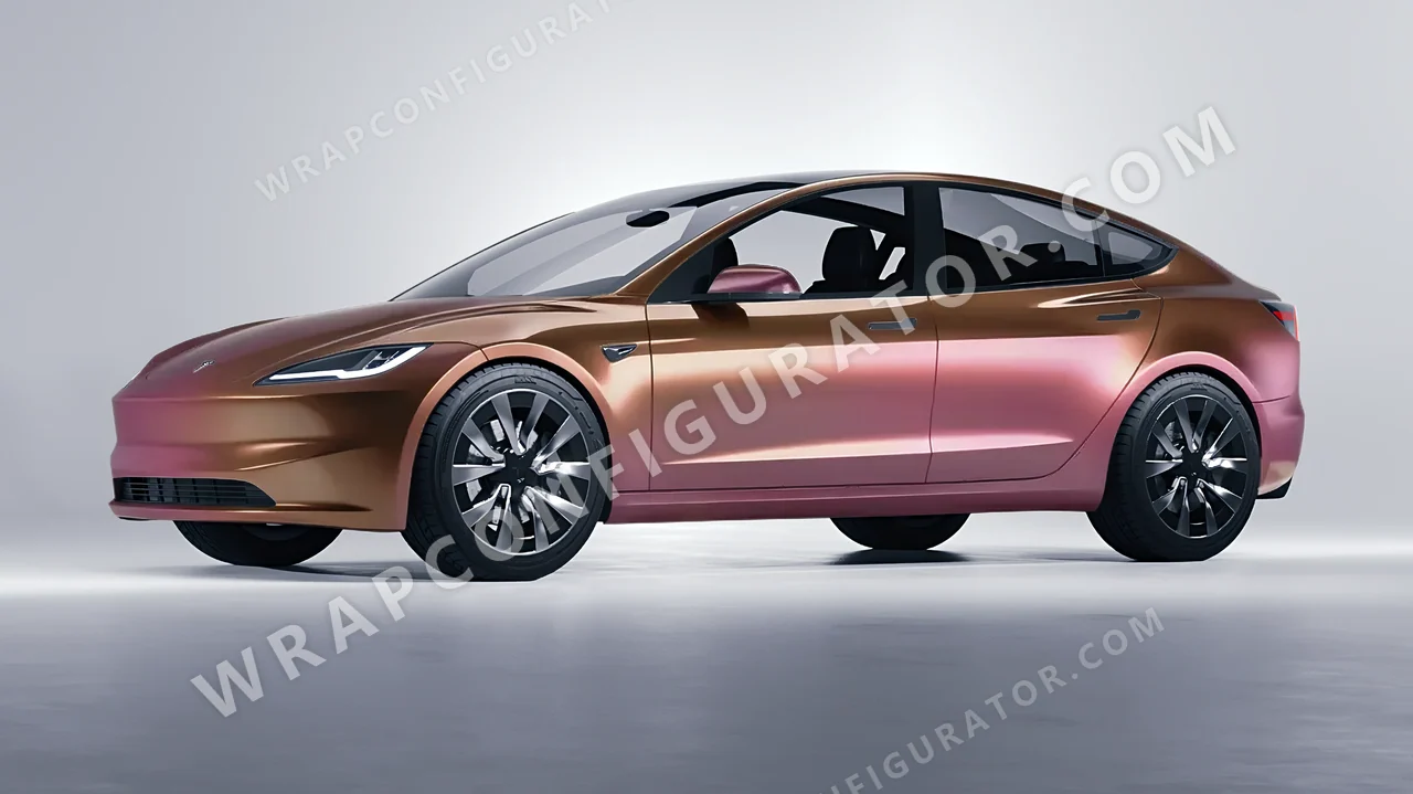 Orange Tesla Model 3 2024 wrapped in ORACAL Gloss Aubergine Bronze 970RA-990G