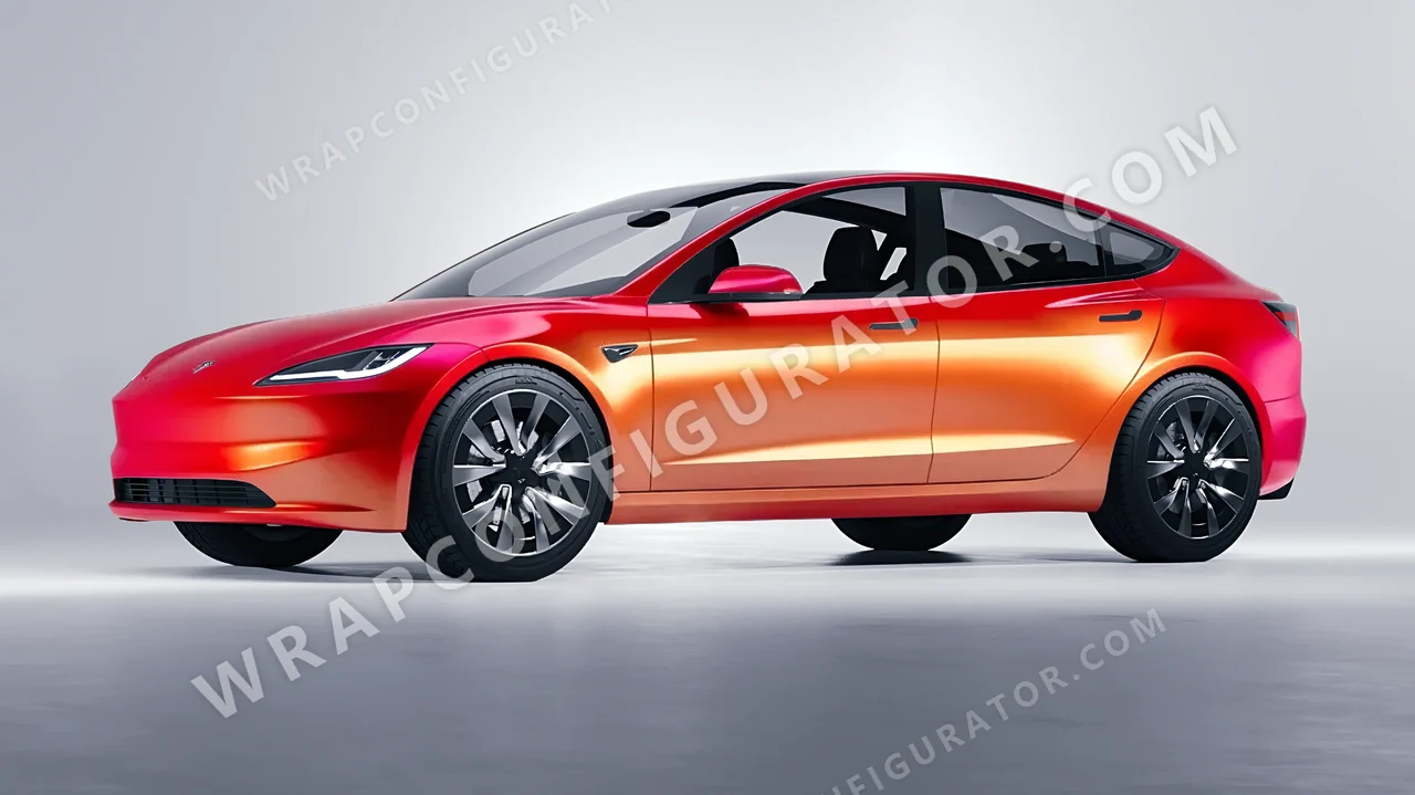 Orange Tesla Model 3 2024 wrapped in ORACAL Gloss Sunset Shift 970RA-100G